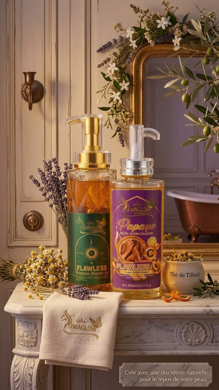 Flawless : le Gel Douche Premium et l'Huile Éclaircissante à la Papaye.