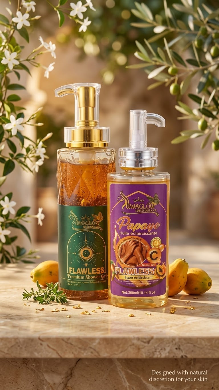 Flawless : le Gel Douche Premium et l'Huile Éclaircissante à la Papaye.