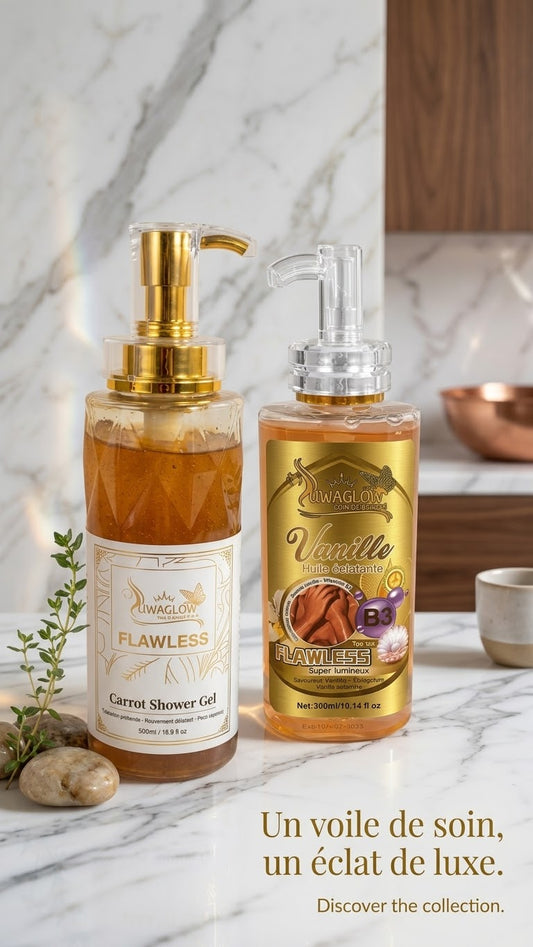 Flawless. gel douche à la carotte. l Huile à la vanille